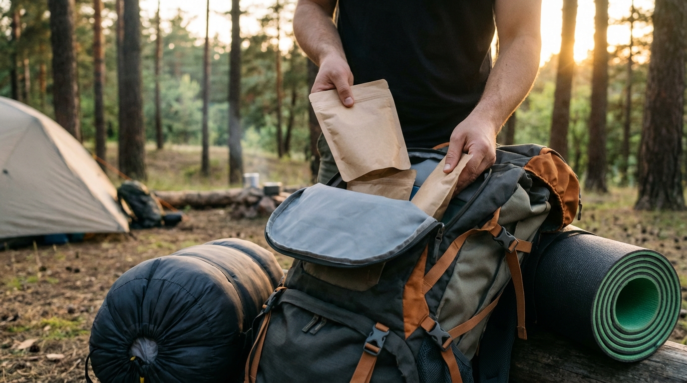 Matkaja pakkimas suurde matkakotti varustust vastavalt raskuse jaotuse põhimõtetele