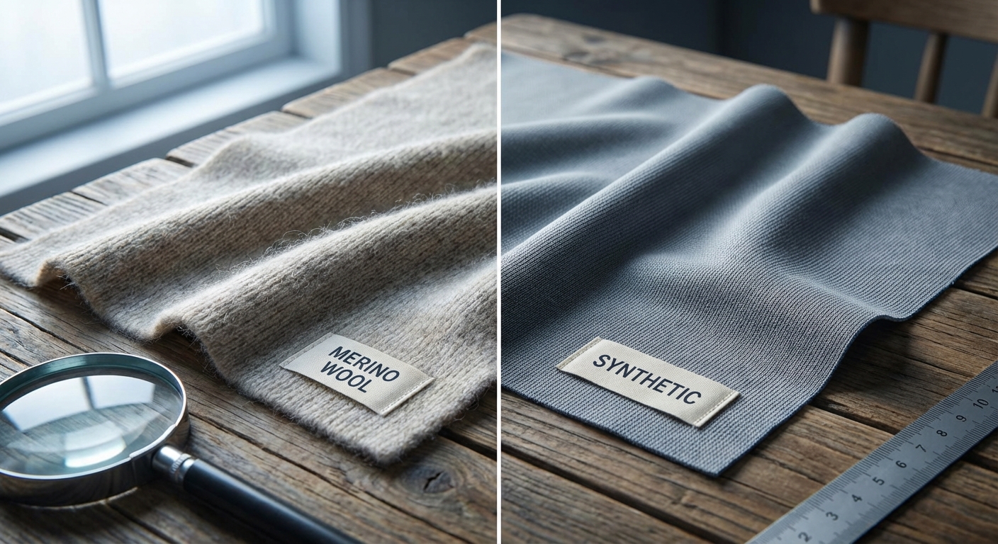 Lähivõte kahest erinevast termopesu kangast, meriinovillast ja sünteetilisest materjalist võrdluses puidust laual