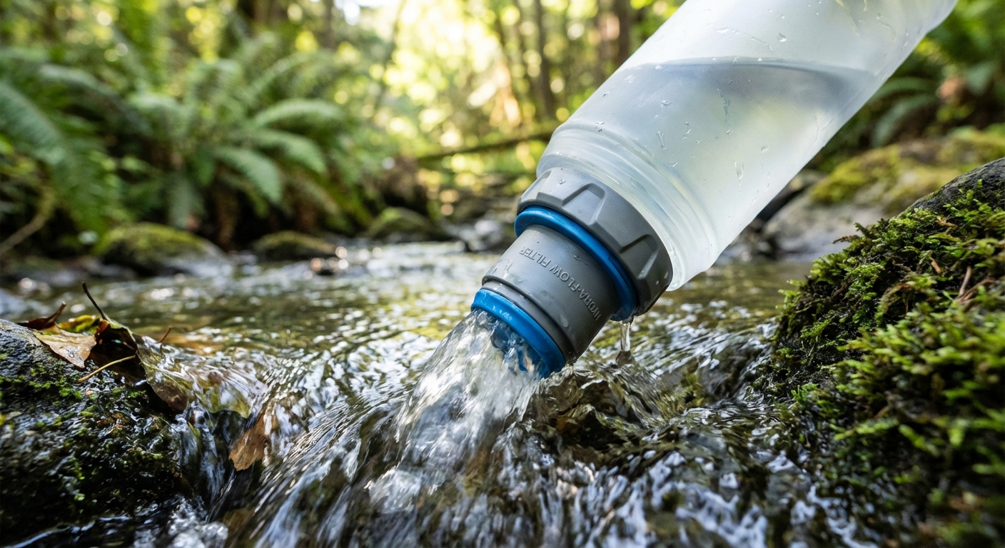 Lähivõte kaasaegsest pehmepudel-tüüpi matkafiltrist, millega puhastatakse vett ojast