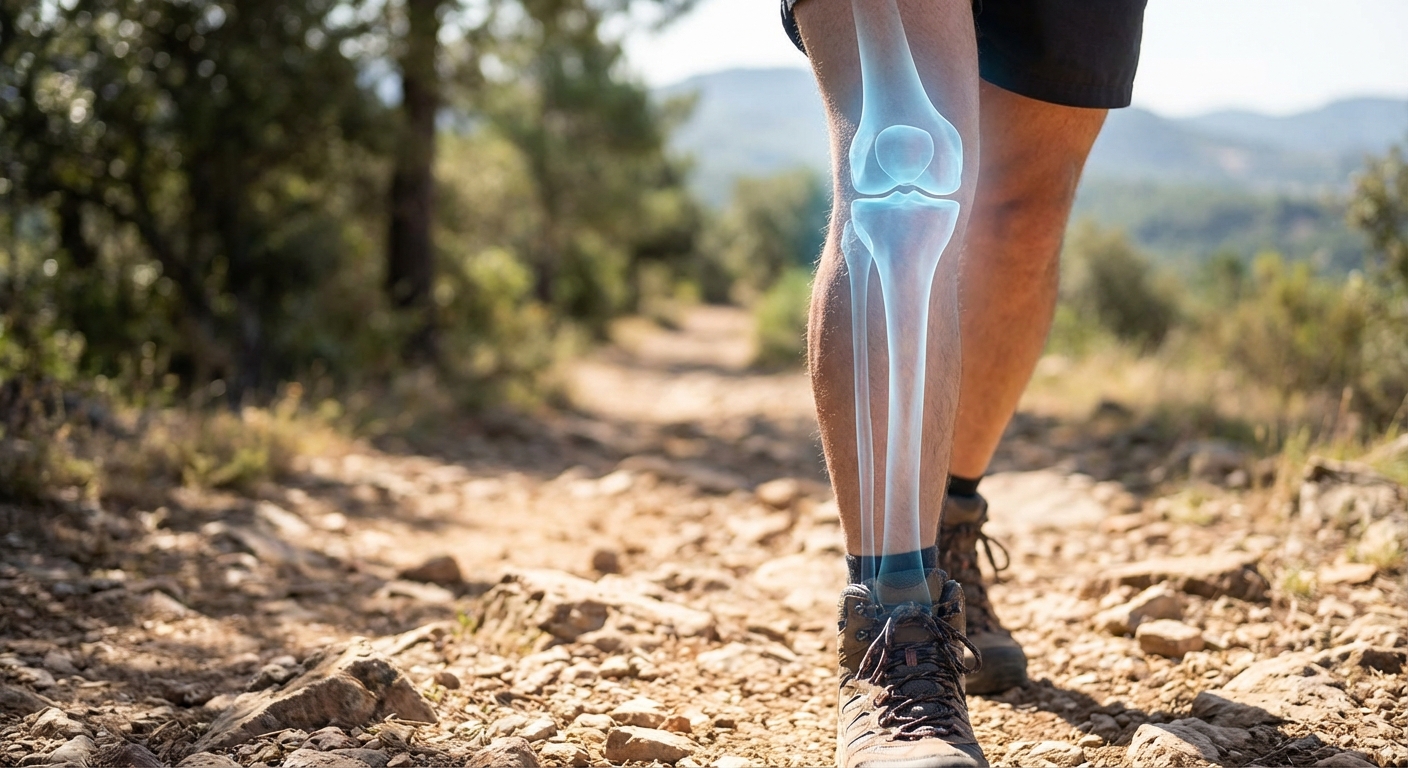 Inimese põlveliigese ja sääreluu fotorealistlik lähiplaan matkateel