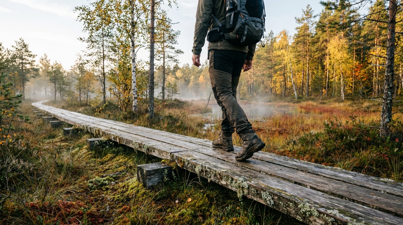 Matkaja Eestis laudrajal kõndimas, matkasaapad jalas kaunil metsarajal