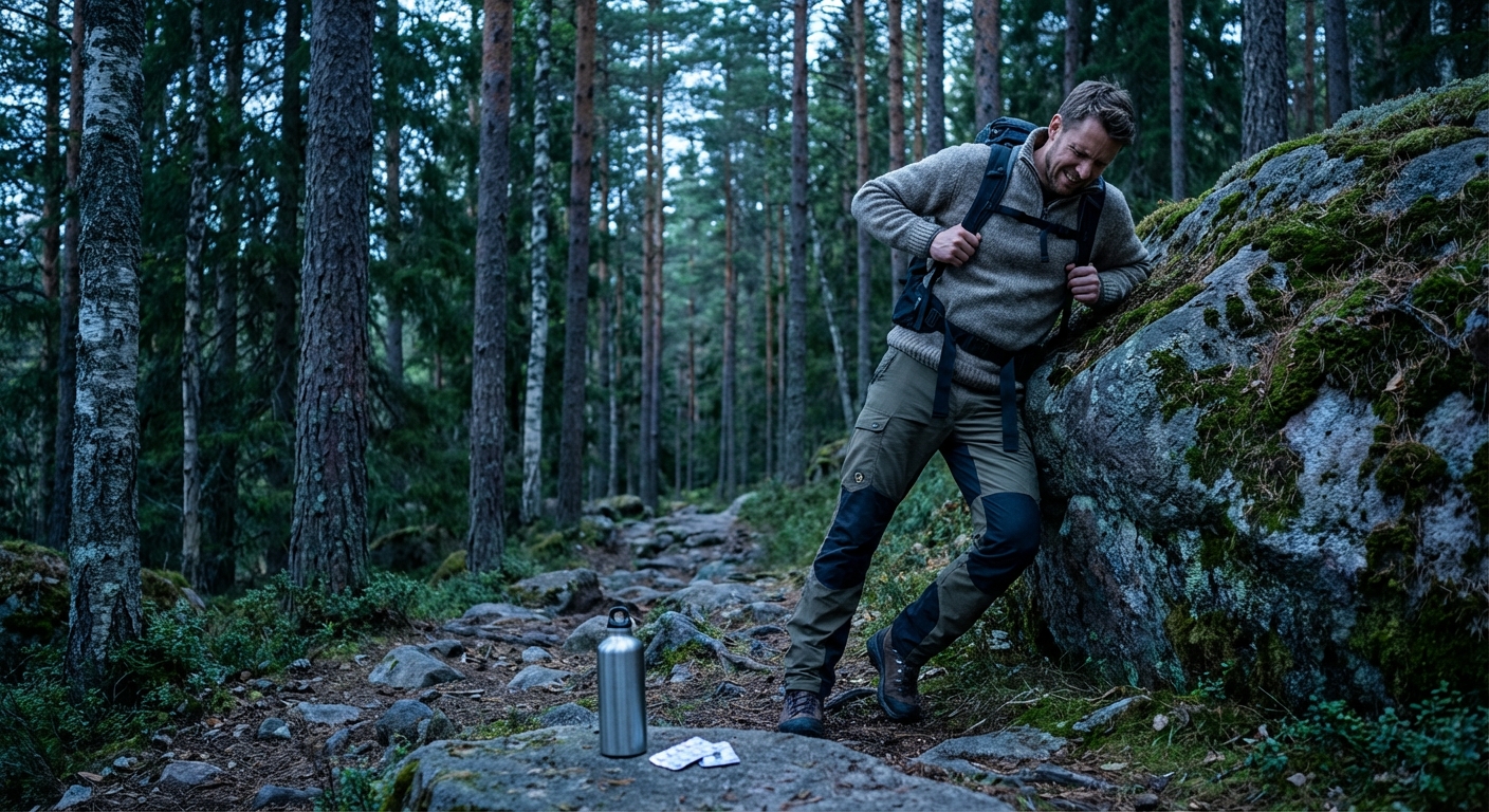 Matkaja raske seljakotiga Põhjala metsarajal, puhkepausil kivile toetumas ja veepudeli ning magneesiumitablettidega rajal taastumas.