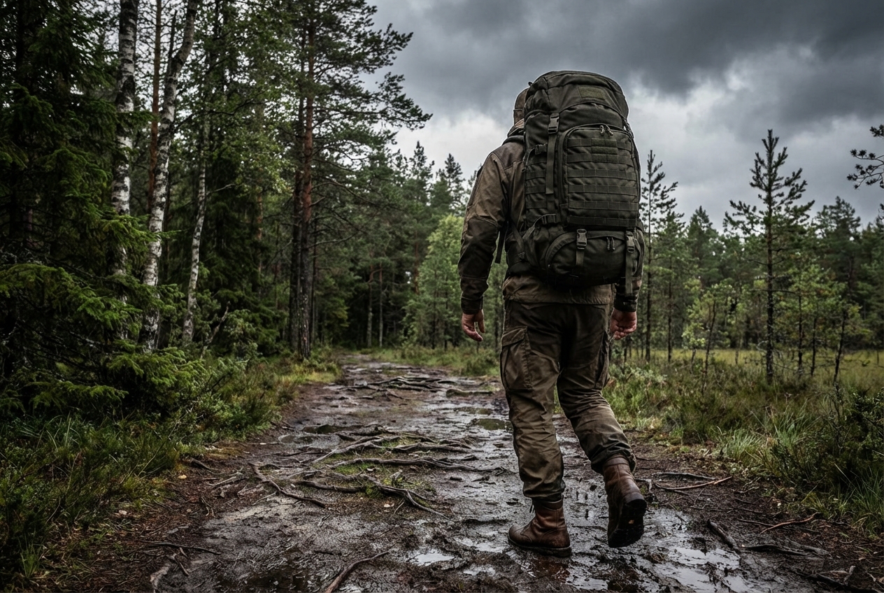 Matkaja suure taktikalise seljakotiga märjal metsarajal Eesti looduses