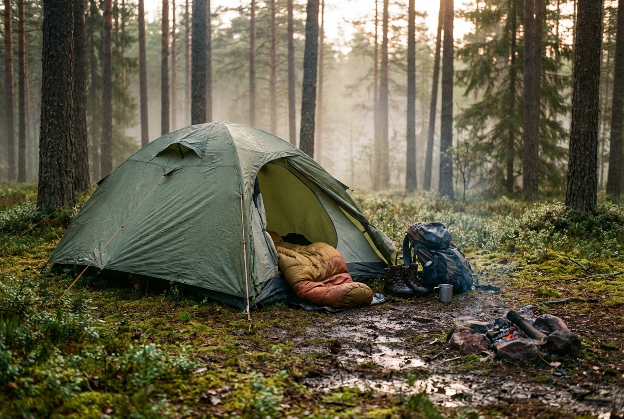 Veekindel telk ja magamiskott väiksel laagriplatsil Eesti männimetsas