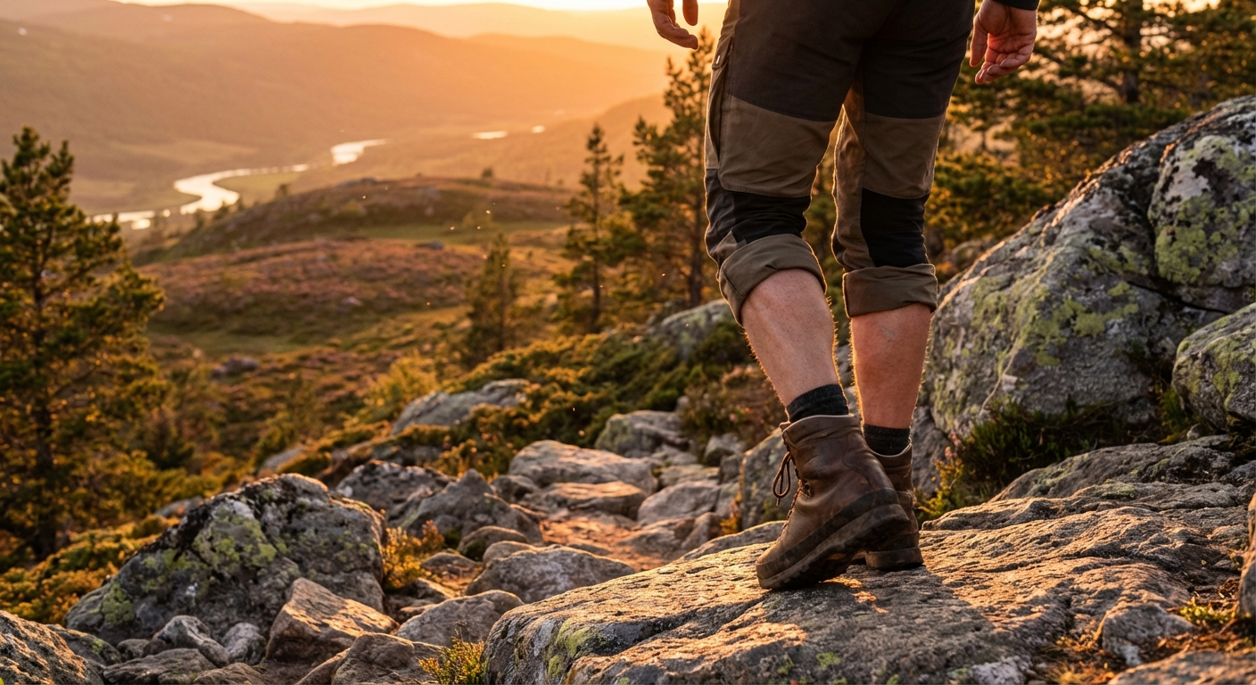 Matkaja laskumas kivisel mägirajal raske seljakotiga päikeseloojangul, rõhutades põlvede ja liigeste koormust