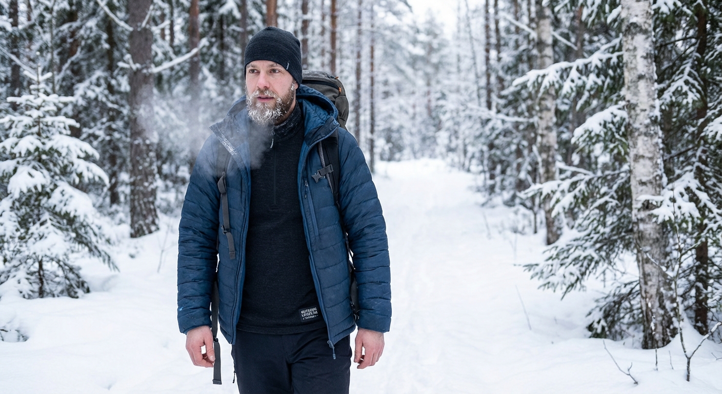Matkaja Põhjamaade metsas sügiseses maastikus, rõhk vastupidavusel ja tervisel välitingimustes