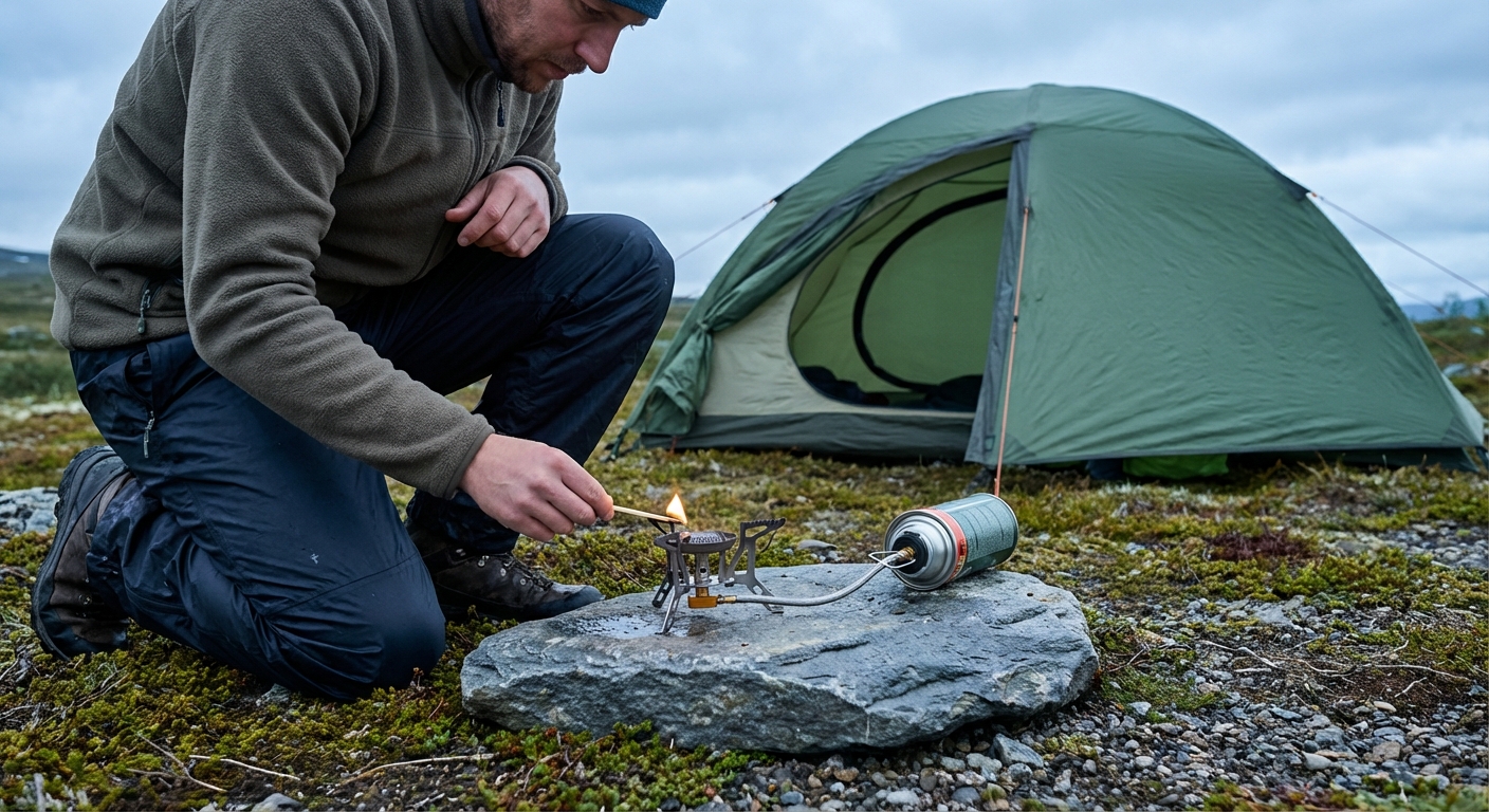 Matkaja süütab gaasipriimust kivisel pinnal telgi ees, järgides ohutusnõudeid