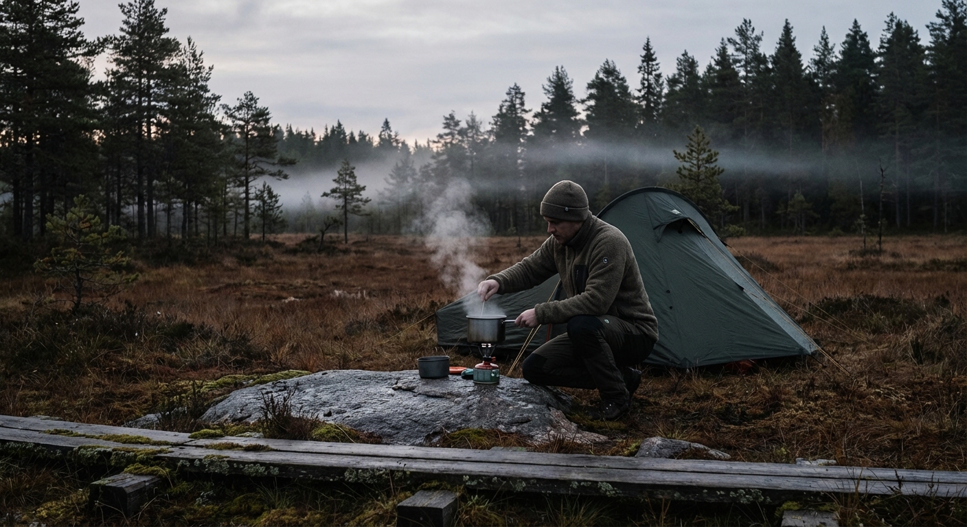 Matkaja sügiseses rabas telgi kõrval priimusel süüa valmistamas