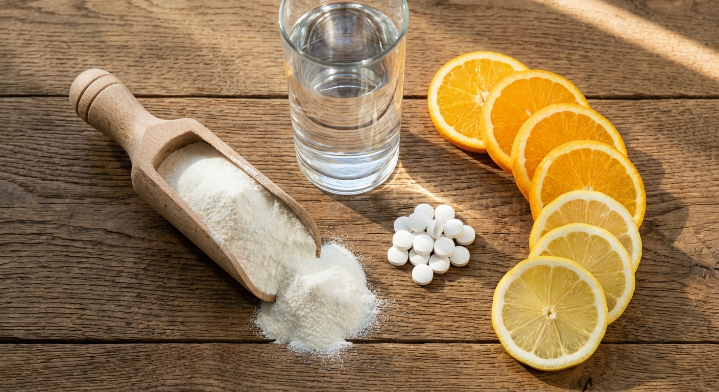 Kollageenipulber puulusikas, klaas veega, C-vitamiini tabletid ning apelsini ja sidruni viilud puidust laual