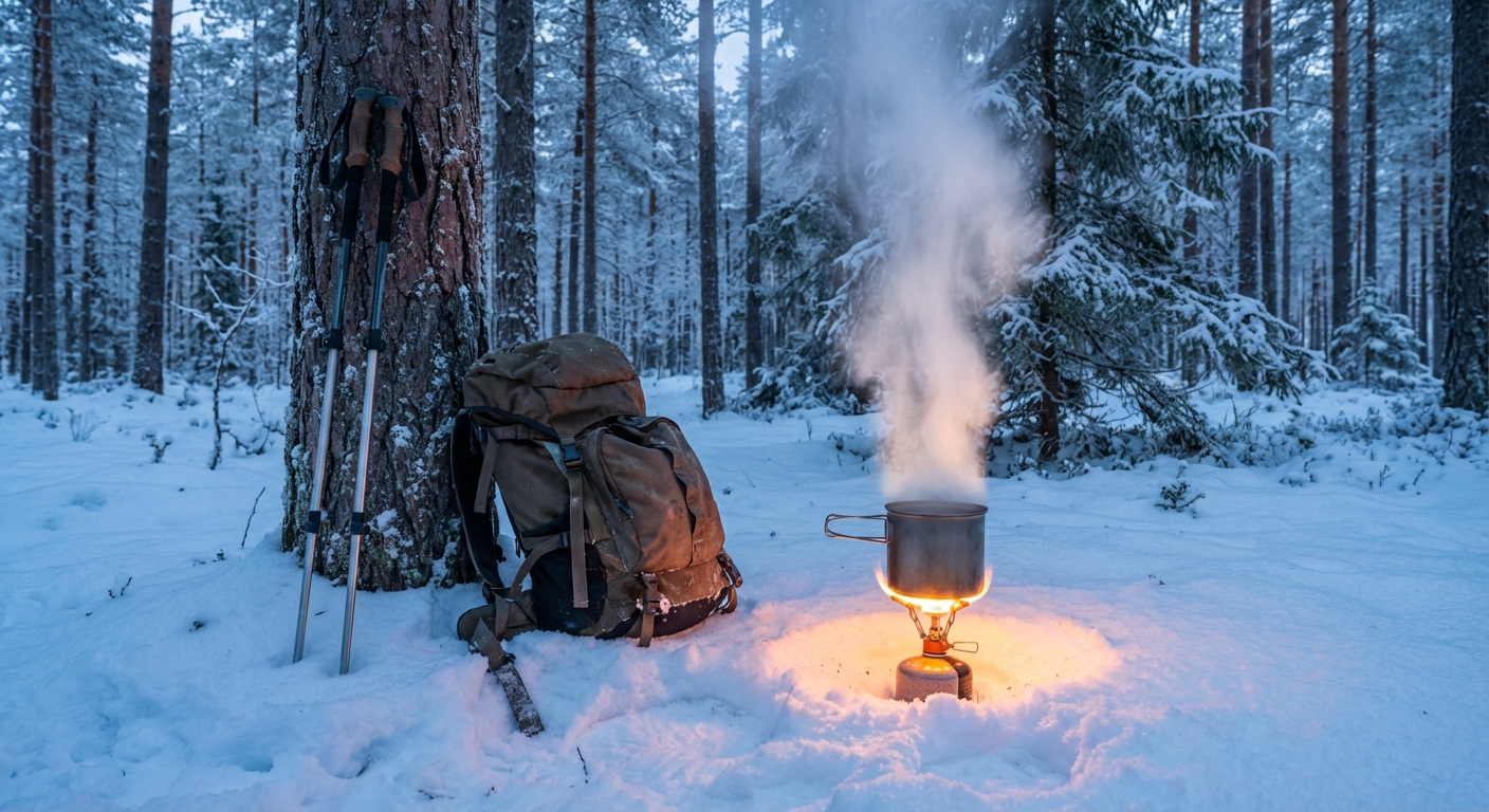Talvine matkalaager kompaktse matkapliidi ja potiga, milles keedetakse joogivett