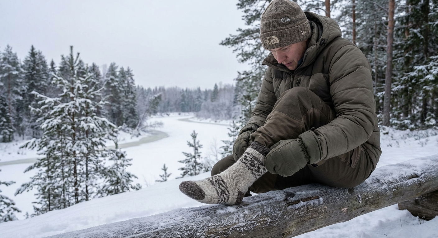 Talvine välisstseen Eestis, kus inimene kannab kihilist riietust, sooja pesu, kindaid, mütsi ja paksusid matkasokke lumisel maastikul