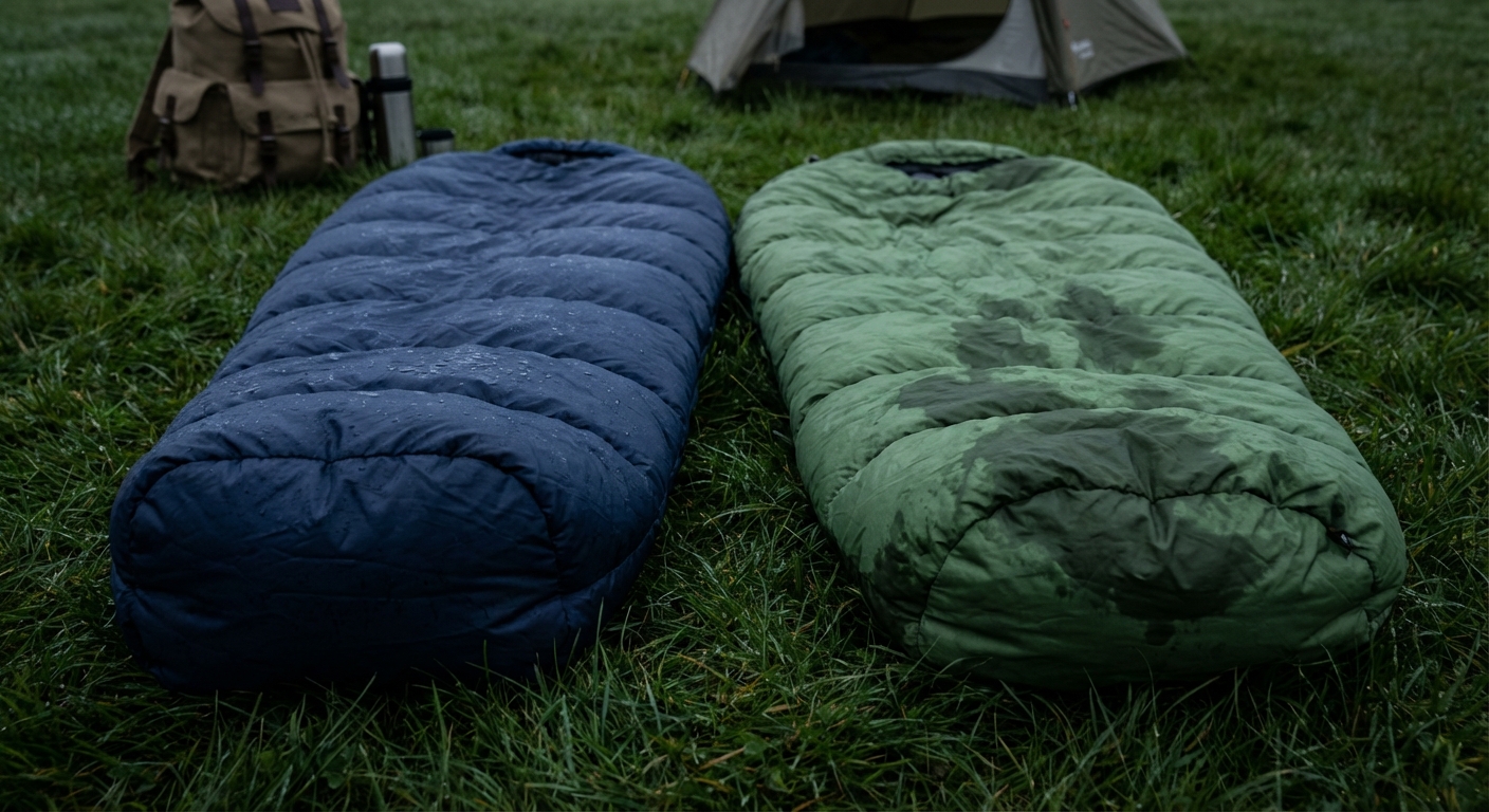 Kaks magamiskotti kõrvuti võrdluses, üks sule- ja teine sünteetilise täidisega