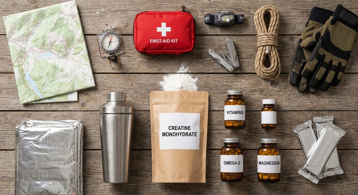 Puidust laual laiali laotatud matkavarustus ja toidulisandid, sh kreatiin monohüdraat, vitamiinid, magneesium ja omega-3