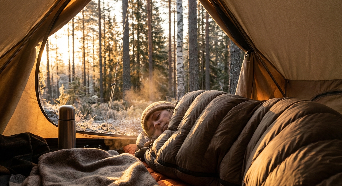 Matkaja magab mugavalt muumia-tüüpi magamiskotis telgis jahedal ööl