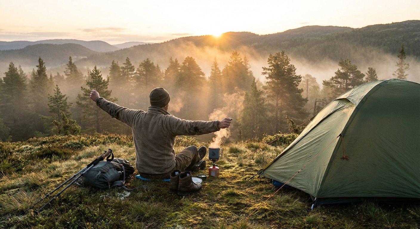 Väsinud, kuid rahulolev matkaline tegemas venitusharjutust telgi ees pärast pikka matkapäeva, et kiirendada lihaste taastumist.